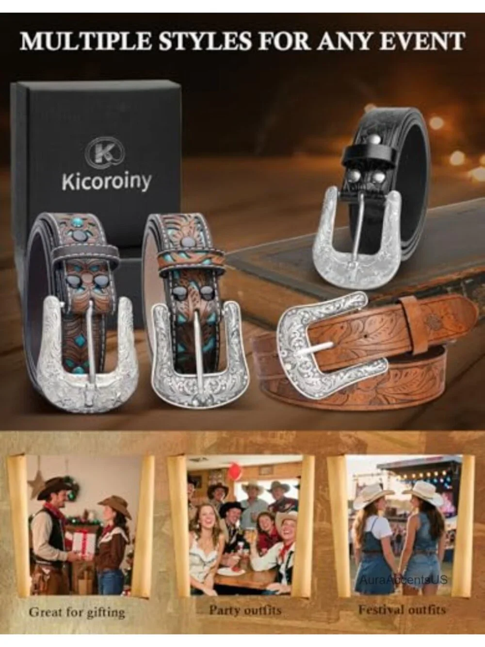 Vintage Western Belt for Women Men, PU Leather, Carved Buckle